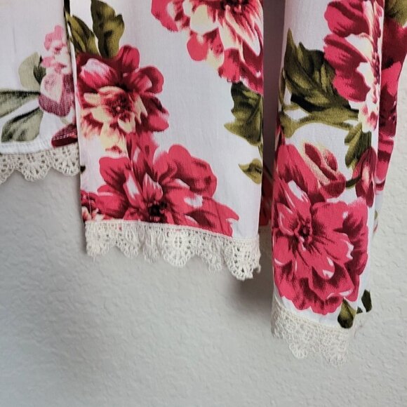 Umgee Floral Open Front Kimono Cardigan Crocheted Trim Feminine Cover Up Boxy - Picture 3 of 8